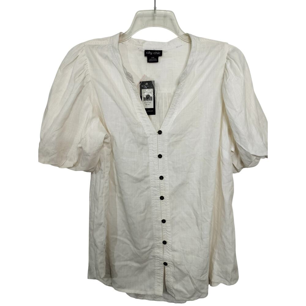 5467)City Chic XXS Georgia White Button Up Shirt Puff Sleeve Cotton Oversize